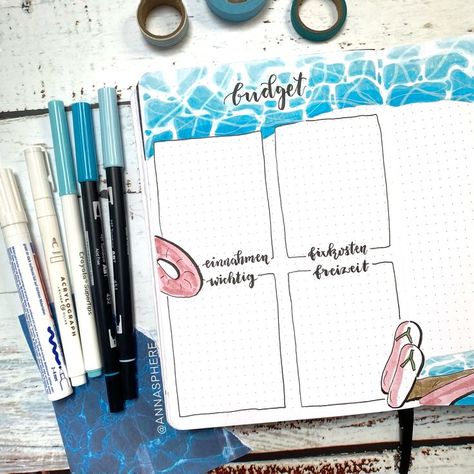 My Bullet Journal Setup for July - Pool party/water theme. Instagram: (@annasphere) Blog: (annasphere.com) Pool Bullet Journal Theme, Aesthetic Bujo, Pool Party Theme, Theme Instagram, Cute Handwriting, Pool Party Themes, Bullet Journal Setup, Journal Lettering, Lettering Ideas