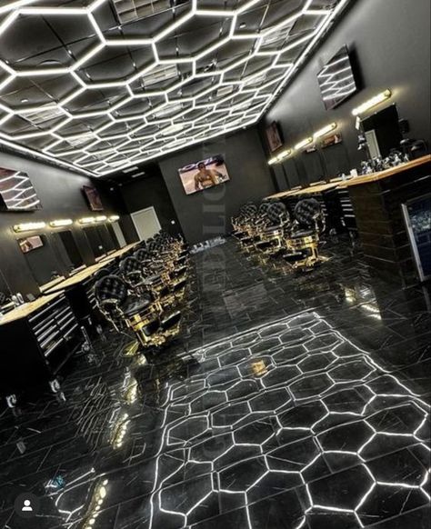 Discover Opulence: Studio Seg Dubai Barber Shop Interior Design #freelogo 💯 Barber Shop Garage Ideas, Cool Barbershop Design, Barber Shop Station Ideas, Barbershops Designs, Barber Shop Interior Design Modern, Barber Lighting Ideas, Barber Shop Lighting Ideas, Men's Barber Shop Decor, Barber Shop Decor Ideas Interior Design