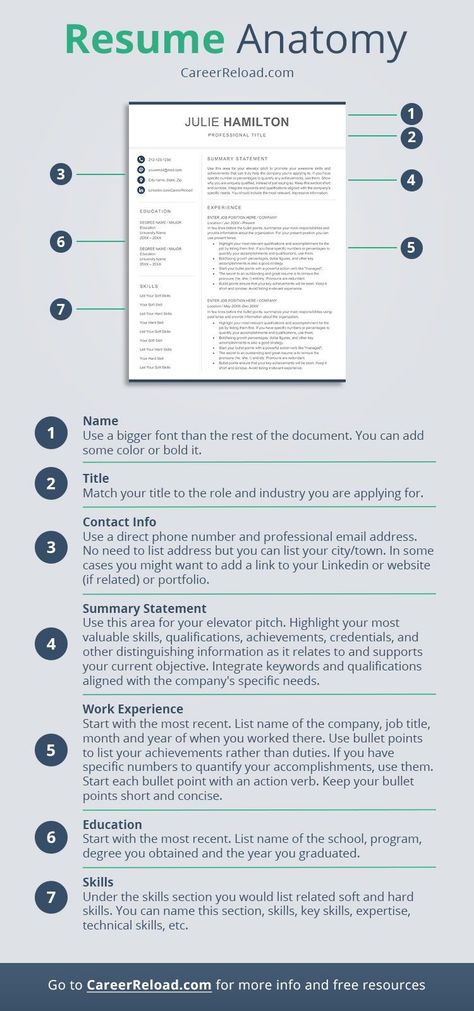 Resume anatomy. What to fill-in in each section of your resume. #ResumeHelp #ResumeWriting #JobSearch #Career #CVwriting Resume Skills List, Career Change Resume, Skills Resume, Career Building, Job Interview Preparation, Resume Advice, Chronological Resume, Effective Resume, Job Advice