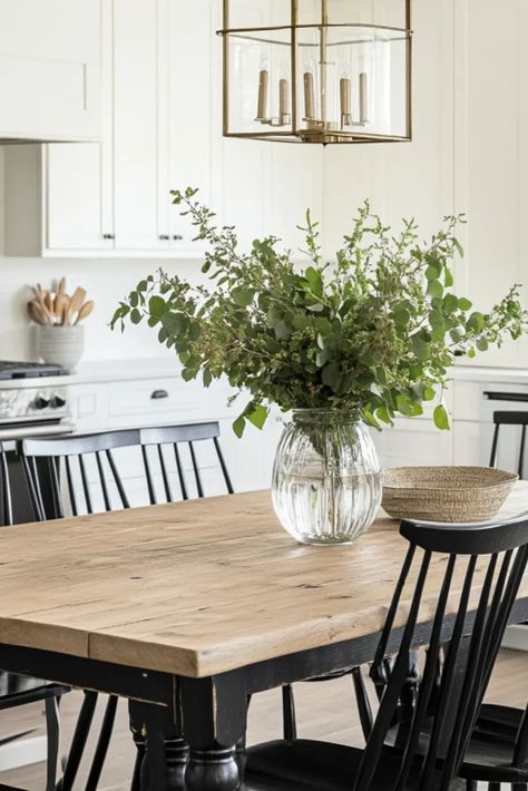 Modern Farmhouse Dining Room Styling Tips Modern Farmhouse Dining Table Decor, Kitchen Table Inspiration, Modern Farmhouse Table Decor, Modern Farmhouse Dining Chairs, Modern Farmhouse Dining Room Lighting, Modern Farmhouse Dining Room Ideas, Dining Room Styling, Farmhouse Dining Table Decor, Dining Room Table Centerpiece Ideas