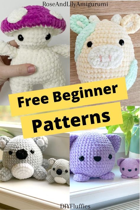 This blog post features 10 Free Beginner Crochet Amigurumi Patterns. You'll learn the basic stitches and other things needed to make these patterns! Beginners Amigurumi Patterns Free, Beginner Crochet Projects Stuffed Animal, Beginner Plushie Crochet, Crochet Animal Beginner, Beginner Animal Crochet, Amigurumi Free Pattern For Beginners, How To Make Crochet Animals Easy, Beginner Crochet Projects Amigurumi, Crochet Pets Patterns Free