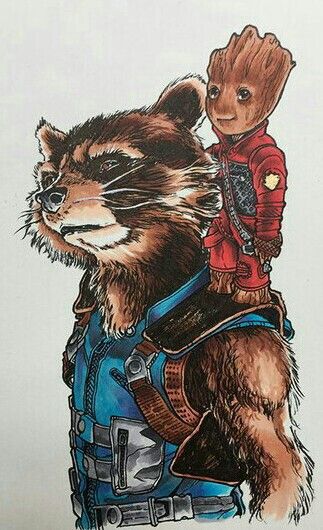 GUARDIANS OF THE GALAXY ROCKET AND BABY GROOT Rocket Raccoon And Groot, Rocket Drawing, Groot Tattoo, Guardians Of The Galaxy Rocket, Raccoon Drawing, Galaxy Drawings, Galaxy Artwork, Raccoon Art, Star Wars Painting