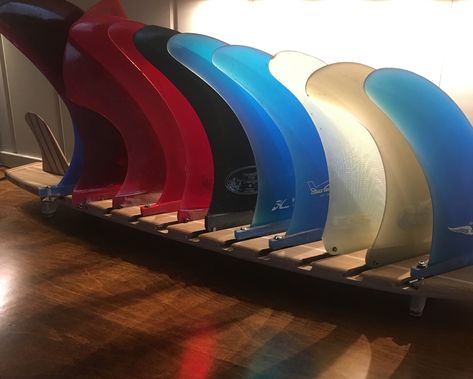 Custom surfboard fin display Surfboard Fin Display, Surfboard Display, Surfboard Storage, Garage Entrance, Surfboard Rack, Coast House, Surfboard Shapes, Custom Surfboards, Surfboard Fins