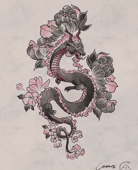 Japanese Tattoos Dragon Cherry Blossoms, Dragon Tattoo With Cherry Blossoms, Cherry Blossom Dragon, Tutorial Sketch, Red Dragon Tattoo, Sakura Tattoo, Dragon Sleeve, Dragon Tattoo Art, Orchid Tattoo