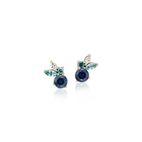 Crafted in 14k yellow gold, these unique stud earrings feature round vibrant sapphires and aquamarines, paired with marquise-shaped zircon gemstones and diamonds. Cluster Earrings Studs, Unique Stud Earrings, Large Gold Earrings, Emerald Studs, Antique Gold Bracelet, Cheap Wedding Rings, Surf Jewelry, Black Gold Ring, Stud Earrings Unique