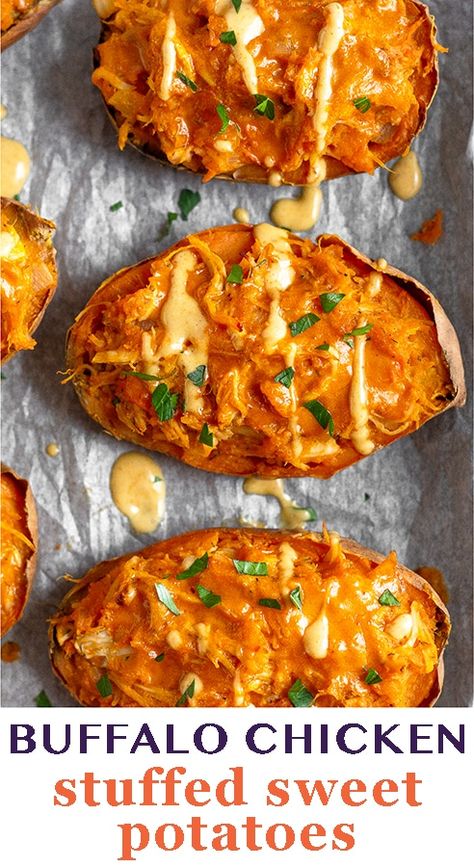 Buffalo Chicken Stuffed Sweet Potatoes make a tasty appetizer, hearty dinner, or perfect game day meal. They are easy to make (with a few meal prep options) and an absolutely delicious stuffed sweet potato recipe. Dairy-free, paleo, & Whole30 approved. Buffalo Chicken Stuffed Sweet Potatoes, Potatoes Loaded, Mashed Sweet Potato, Shredded Buffalo Chicken, Twice Baked Sweet Potatoes, Stuffed Sweet Potatoes, Baked Sweet Potatoes, Loaded Sweet Potato, Chicken Stuffed