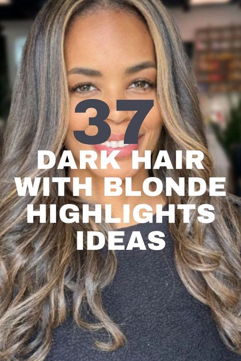 A long, wavy dark hairstyle with golden blonde highlights, styled for a bright and dimensional look. Dark Hair And Highlights, Dark Hair With Blonde Highlights, Dark Hair With Blonde, Soft Blonde Highlights, Blonde Highlights Ideas, Hair With Blonde Highlights, Highlights Ideas, Wavy Hairstyle, Chunky Highlights