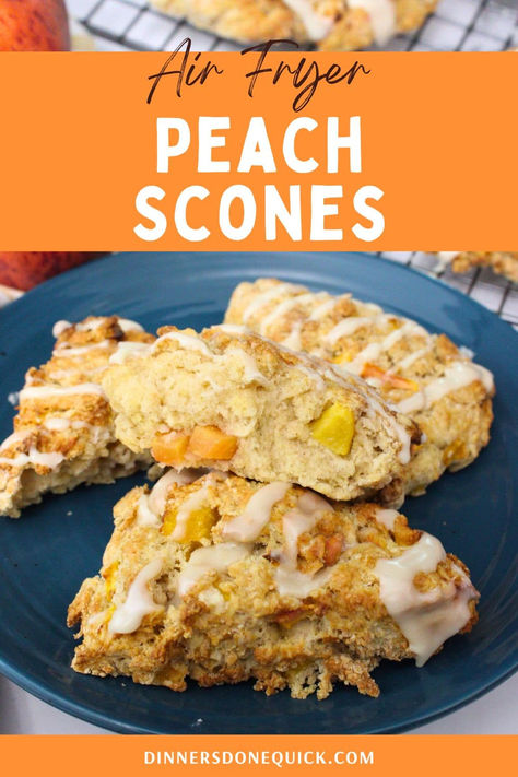 Discover the sweet and buttery flavors of these delicious Air Fryer Peach Scones! Easy to make and packed with juicy peach chunks, these scones are perfect for breakfast, brunch, or an afternoon treat. Follow this simple recipe to enjoy a fresh, warm scone straight from your air fryer. Pin and visit Dinners Done Quick for more air fryer recipes that are sure to impress! #AirFryerRecipes #PeachScones #SconesRecipe #BreakfastIdeas #PeachRecipes Peach Recipes Air Fryer, Peaches Air Fryer, Peach Breakfast Recipes, Peach Scones Recipe, Crispy Breakfast Potatoes, Fluffy French Toast, Peach Scones, Refreshing Summer Recipes, Creamy Pie