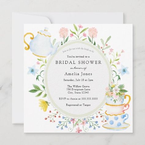 Time for Tea Bridal Shower Wildflower Summer Invitations - wildflower, flowers, spring, summer, watercolor, tea, tea party, bridal tea, bridal shower, whimsical Bridal Shower Wildflower, Tea Bridal Shower, Watercolor Tea, Tea Bridal Shower Invitations, Whimsical Baby Shower, Wildflower Invitation, Wedding Announcement Cards, Bridal Tea Party, Wildflower Baby Shower