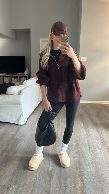 Charlotte Francesca on Instagram: "Layer up series, with a pop of cherry red 🍒 - the color of the season - I’ve been trying to add this burgundy color into my wardrobe but I wasn’t sure how - but I found this quarter zip pullover & hat at target and love them! I bought the pullover in a size XL so that it’s super comfy & oversized. It’s the perfect color, so soft, and it’s only $35. I’ve linked my full look in my bio 🫶🏻 . . You can shop this outfit & all of my outfits on my https://tapto.shop/charlottefrancesca . . . . Fall fashion | fall outfit inspo | fall outfit ideas | cherry red outfit | Pinterest outfit | Pinterest trends | outfit ideas | autumn fashion | daily outfit ideas | street style | affordable fashion | ugg tazz braid outfit #wearingvsstyling #fallfashiontrends #cherryred Burgundy Sweats Outfit, Cherry Red Autumn Outfits, Cherry Red And Grey Outfit, Fall Outfits 2024 Cherry Red, Red Quarter Zip Outfit, Braid Outfit, Cherry Red Outfit, Quarter Zip Outfit, Outfit Ideas Street Style