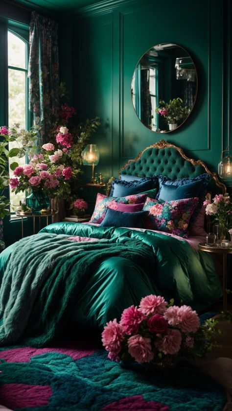 Emerald Green Wall Art: Inspiring Decorating Ideas for Every Room | Home Wall Art Decor Emerald Green Rooms, Pink And Teal Bedroom, Teal And Pink Bedroom, Emerald Green Bedrooms, Green Interior Decor, Green Headboard, Pink Bedroom Ideas, Teal Bedroom, Moody Bedroom