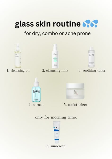 Perfect Skin Care Routine For Acne Prone Skin, Skin Care Routine For Combination Acne Prone Skin, Korean Skincare Routine Glass Skin, Korean Skincare Routine Simple, Combo Skin Skincare, Korean Daytime Skincare Routine, Dry Combination Skin Skincare Routine, Korean Combo Skincare, Korean Skincare Routine For Acne Prone Skin