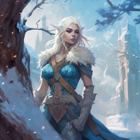 Dnd Eladrin Winter, Female Winter Eladrin, Winter Court Fae, Winter Elf Dnd, Winter Eladrin Dnd, Winter Eladrin Female Dnd, Snow Elf Art, Spring Eladrin Female, Eladrin Dnd