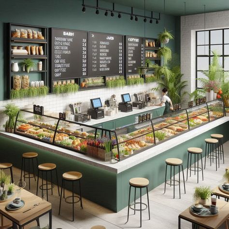 Healthy Food Shop Design, Food Counter Design Restaurant, Sandwich Cafe Interior, Salad Restaurant Design, Food Shop Interior Design, Salad Bar Design, Healthy Restaurant Design, Mini Cafeteria, Salad Restaurant