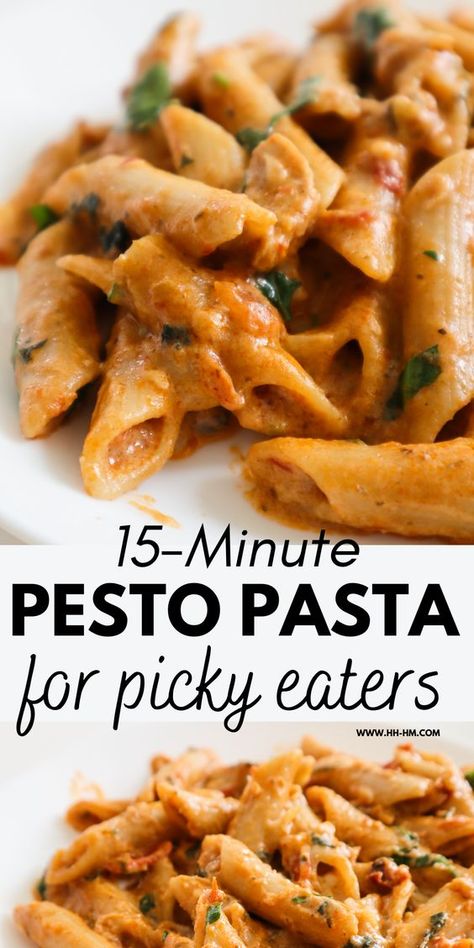 Easy pesto pasta recipe for picky eaters! This easy vegetarian pasta dish is perfect for your kids and grown ups. Everyone will love this healthy pasta recipe with pesto! Easy Healthy Recipes For Picky Eaters, Recipe For Picky Eaters, Creamy Pesto Pasta Recipe, Recipe With Pesto, Easy Vegetarian Pasta, Healthy Pasta Recipe, Pesto Ravioli, Easy Pesto Pasta, Pesto Pasta Recipe