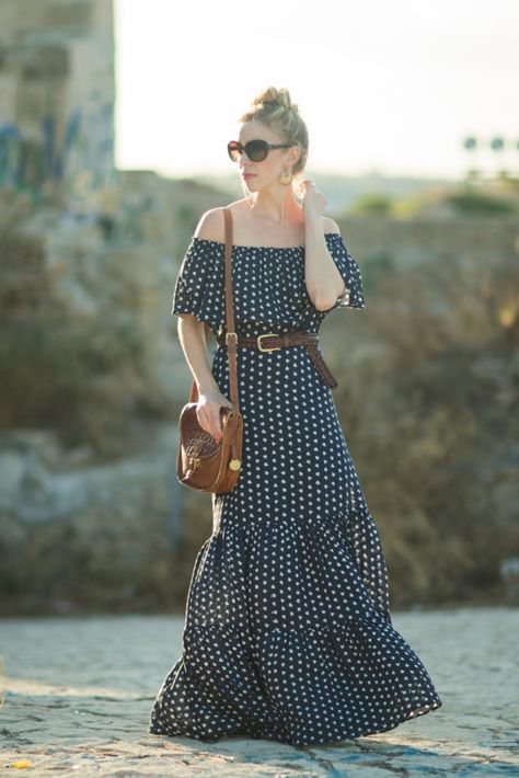 Vintage Romance: off-the-shoulder peasant maxi dress with braided leather belt, Brahmin vintage saddlebag, how to wear a peasant maxi dress Dress With Belt Outfit, Polkadot Outfit, How To Wear Belts, Have A Wonderful Evening, Sicilian Food, Romantic Nature, Living In Italy, Dress Leather, Vintage Romance