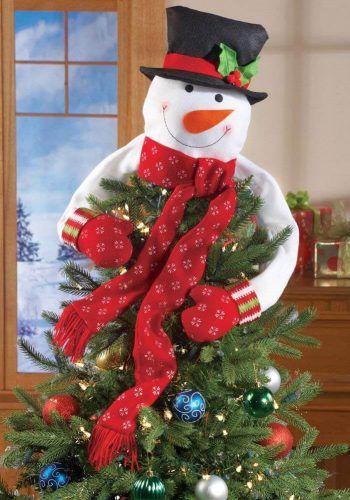 Christmas Snowman Top of the Tree Hugger with Bright Red Scarf and Mittens | Christmas Tree Toppers #christmasdecor Christmas Tree Toppers Unique, Snowman Christmas Tree Topper, Snowman Tree Topper, Diy Christmas Tree Topper, Snowman Tree, Unique Christmas Trees, Snowman Christmas Tree, Christmas Tree Topper, Tree Hugger