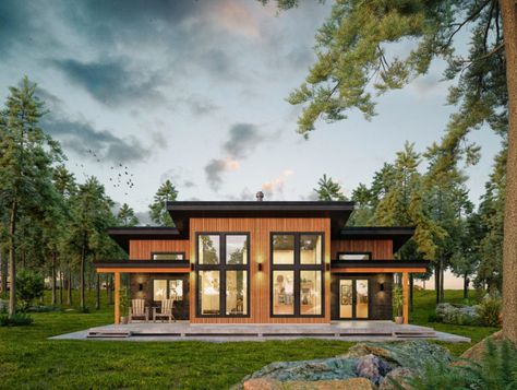 Stone Wood Glass House, Small Mountain Home Plans, Small Modern Cabin Plans, Modern Cottage Plans, Cabin Layout Floor Plans, Shanty House, Diy Cabin Plans, Small Contemporary House Plans, Small Contemporary House