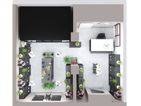 Flower Shop Floor Plan, Florist Shop Interior Inspiration, Florist Shop Interior, School Interiors, Shop Architecture, Flower Shop Interiors, Sims Challenge, Florist Studio, Flower Cafe