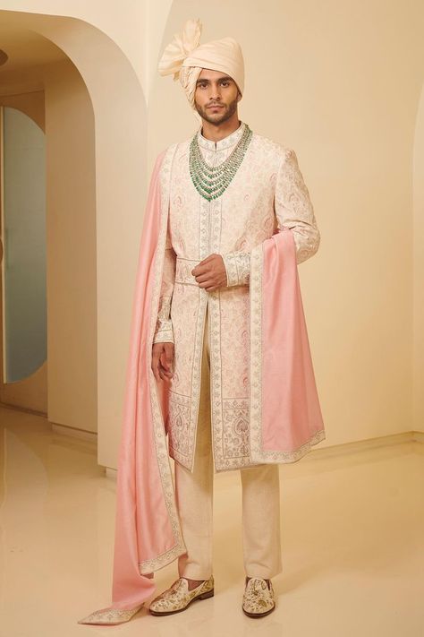 Light Pink Floral Embroidered Sherwani Set Pink Sherwani, Varun Bahl, Candy Stick, Embroidered Sherwani, Pink Anarkali, Sherwani Groom, Sherwani For Men, Embroidered Belt, Sharara Set