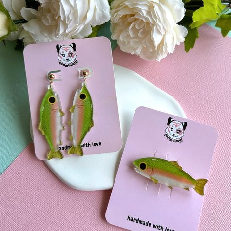 it’s Fresh Fish Friday™️!!!! #handmadeearrings #fishart #cuteart Silly Earrings, Diy Shrink Plastic, Earring Inspo, Rainbow Trout, Shrink Plastic, Fresh Fish, Pin Jewelry, Fish Art, Cute Crafts