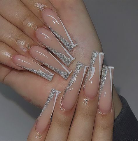 Matric Dance Nail Ideas, Matric Dance Nails, Silver Nude Nails, Silver And Nude Nails, Silver Acrylic Nails, Dance Nails, Acrylic Nails Nude, Phone Photo, Nails Prom