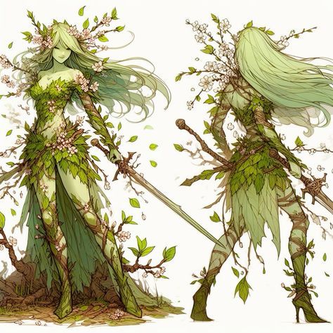 Diy Fairy Cosplay, Unseelie Fae Character Design, Nature Spirit Character Design, Female Druid Art, Dryad Dnd, Dryad Character Design, Dryad Oc, Spring Eladrin Female, Dnd Fairy Character