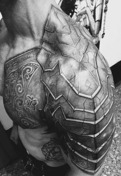 Armor Sleeve Tattoo, Armor Of God Tattoo, Armour Tattoo, Forearm Cover Up Tattoos, Shoulder Armor Tattoo, Body Armor Tattoo, Shoulder Tats, Archangel Tattoo, Geometric Sleeve Tattoo