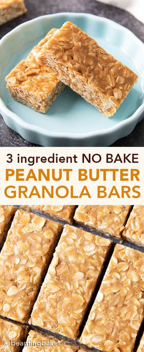 3 Ingredient No Bake Peanut Butter Granola Bars - Beaming Baker Peanut Butter Honey Granola Bars, Healthy Peanut Butter Granola Bars, 3 Ingredient Granola Bars, 4 Ingredient Granola Bars, Yummy Granola Bars, Oat Meal Bars Healthy, Oats Bars Recipe Healthy, Health Granola Bar Recipes, Brownie Granola Bars