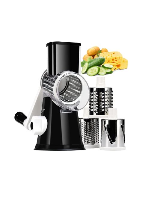 KEOUKE Rotary Cheese Grater with Handle Vegetable Cheese Shredder Slicer Grater for Kitchen 3 Changeable Blades for Cheese Potato Zucchini Nuts Chocolate - Black #kitchen #grater Cheese Advertisement, Cheese Shredder, Vegetable Shredder, Food Slicer, Mandolin Slicer, Cheese Potatoes, Fresh Cheese, Vegetable Chopper, Cheese Grater