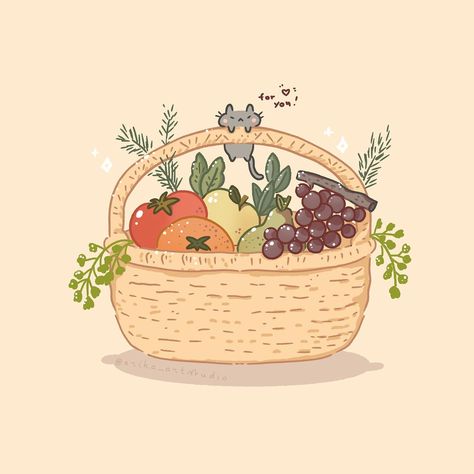 Third entry of the drawing challenge #blossominapril24 hosted by @daiandqin @jackthecupcake @lenasscribbles @melissazumbrink @moonie.coco @nimoontales @cafewhimsy @prismiya #cat #fruitsbasket #spring #kawaii #cute #kawaiiartstyle #cutecat Fruit In Basket Drawing, Basket Of Fruits Drawing, Fruit Basket Sketch, Picnic Basket Drawing, Fruit Basket Illustration, Fruits Basket Drawing, Fruits Basket Aesthetic, Fruit Basket Painting, Fruit Basket Drawing