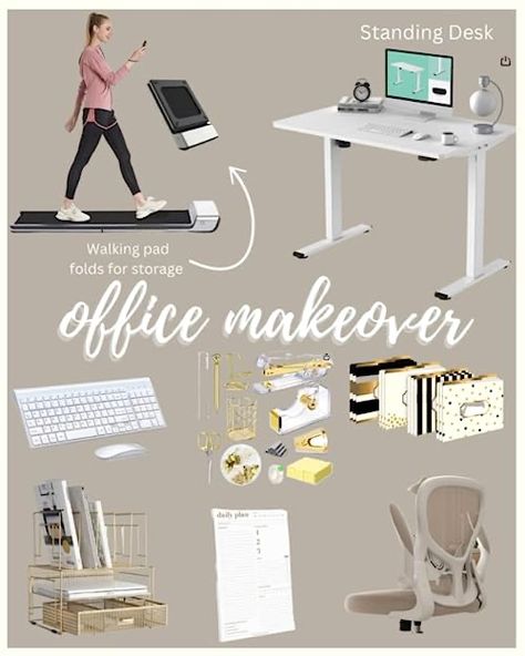 White Office Desk Aesthetic, White Gold Desk Office, Home Office Walking Desk, Home Office Standing Desk Ideas Modern, Standing Desk Home Office Walking Pad, Home Office Setup Standing Desk, Walking Desk Office, Female Desk Setup, Home Office Walking Pad