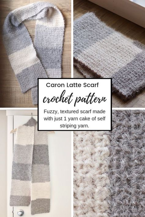 Textured, fuzzy scarf using just 1 Caron Latte Cakes yarn! Stripe Scarf Pattern, Crochet Scarf Pattern Free Easy, Crochet Stripe Scarf, Bulky Crochet, Crochet Accessory, Fuzzy Scarf, Granny Square Crochet Patterns Free, Crochet Scarf Pattern Free, 1 Cake