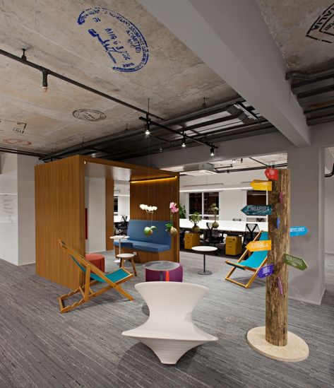 Traveland Offices - São Paulo - Office Snapshots Work Lounge, Company Headquarters, Breakout Space, Tourist Agency, Agency Office, Corporate Interior Design, Agency Design, Office Tour, Table Ottoman