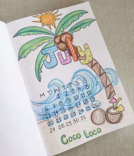 Summer Calendar Ideas, Beach Theme Journal, Bullet Journal July Theme, Summer Notebook Ideas, Bullet Journal Beach Theme, Summer Journal Cover, July Journal Ideas, Beach Bullet Journal, Summer Journal Ideas