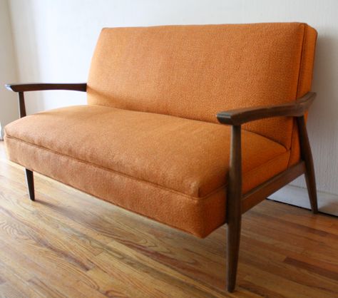 Mid century modern settee in tangerine tweed Orange Mid Century Chair, Mid Century Modern Settee, Modern Settee, Mid Century Loveseat, Mid Century Modern Loveseat, Modern Loveseat, Mid Century Kitchen, Office Seating, Mid Century Chair