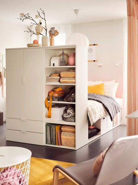 35 Small Bedroom Ideas – Make Every Inch Count - Living in a shoebox Small Teenager Bedroom, Ikea Teenage Boys Bedroom Ideas, Small Bedroom Ideas, Ikea Bedroom, Bed Design Modern, Green Retro, Bed Frame With Storage, Headboard Storage, Tiny Bedroom