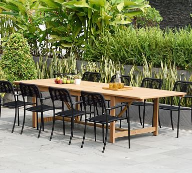 Pimenta 9-Piece Rectangular Dining Table with Garey Rope Dining Armchair Set #potterybarn Backyard Updates, Teak Dining Table, Dining Armchair, Mesa Exterior, Patio Dining Table, Backyard Inspo, Outdoor Dining Furniture, Table Chair, Rectangular Dining Table