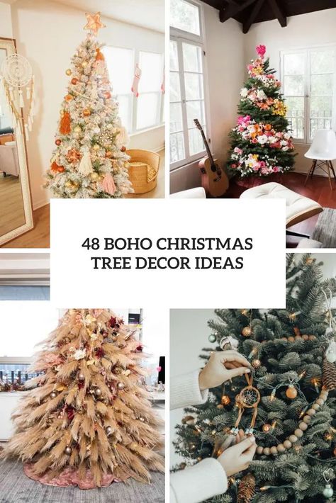 Picture of boho christmas tree decor ideas Bohemian Tree Decor, Minimal Boho Christmas Tree, Christmas Tree Ideas Boho Chic, Boho Christmas Tree Topper Ideas, Bohemian Christmas Trees, Boho Themed Christmas Tree, Boho Style Christmas Tree, Boho Hippie Christmas Tree, Christmas Tree Boho Decoration