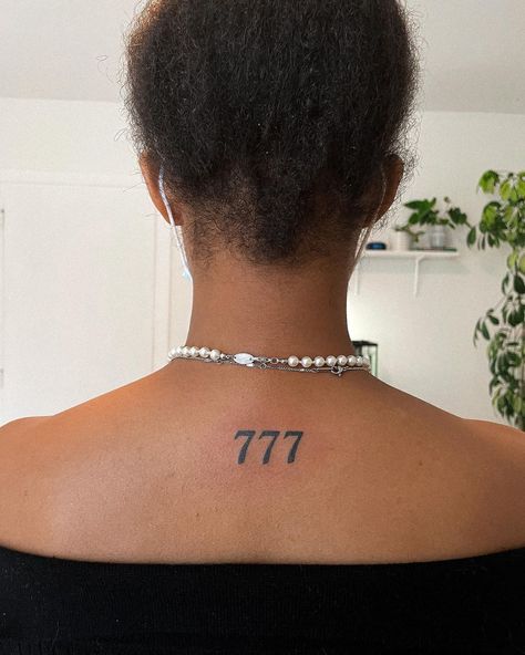 Numbers On Neck Tattoo, 777 Back Tattoo, Number Back Tattoo, Angel Number Tattoo Neck, 777 Neck Tattoo, 777 Angel Number Tattoo, 777 Tattoo Ideas, 777 Tattoo Meaning, Angel Numbers Tattoo