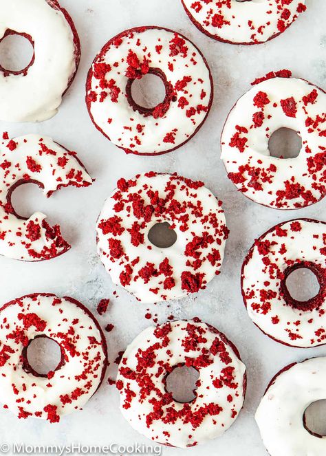 These Easy Eggless Red Velvet Donuts are soft, cakey, and so delicious! This simple from-scratch recipe is always a crowd-pleaser. They are perfect for any breakfast or brunch gathering! Eggless Donut Recipe, Red Velvet Donut, Egg Free Dessert Recipes, Red Velvet Donuts, Egg Free Desserts, Donut Dessert, Eggless Desserts, Eggless Recipes, Donuts Recipe