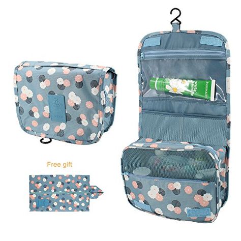 SySrion Hanging Travel Toiletry Bag Organizer  Dopp Kit Carry Case with Hook for Travel Accessories Toiletries Shaving  Makeup  Bathroom Storage Free Gift One Shoes Travel Bag Include Blue Flower *** Check out the image by visiting the link. Note:It is Affiliate Link to Amazon. Diy Hanging Travel Toiletry Bag, Plane Toiletries, Airplane Toiletries Bag, Functional On-the-go Travel Bag With Zipper Pocket, Nylon Travel Accessories With Luggage Sleeve For On-the-go, Best Travel Accessories, Amazon Associates, Beauty Case, Dopp Kit