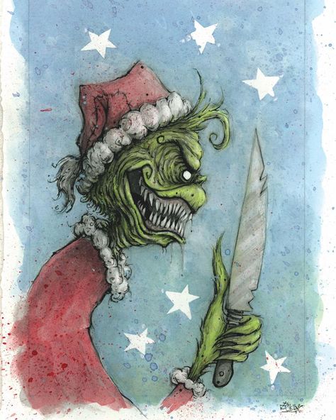 Ricky Romero on Instagram: “🔪💚🎄 • Another of last years Christmas Horrors🖤 Original still for sale-I also have a very limited number of these Greeting Cards available,…” Christmas Horror Art, Grinch Drawing, Tim Burton Art Style, Christmas Sketch, Scary Christmas, Scary Drawings, Christmas Horror, Christmas Comics, Tim Burton Art