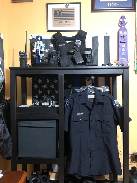 Police Gear Storage At Home, Police Closet, Police Gear Storage, Police Loadout, Police Gear Rack, Police Gear Stand, Armory Room, Law Enforcement Gear, Gear Stand