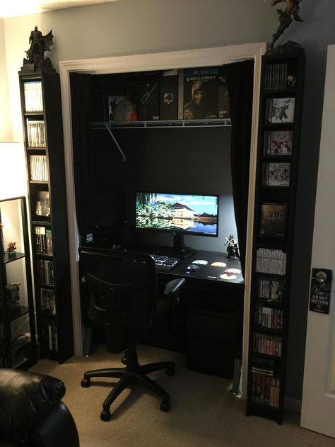 Gamer Closet Ideas, Closet Pc Setup, Closet Gaming Room, Computer Closet Ideas, Gaming Setup In Closet, Gaming Desk In Closet, Closet Game Room Ideas, Gaming Closet Ideas, Gamer Closet