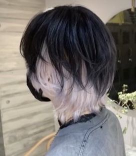 White And Black Hair Styles, White Hair Peekaboo, Black Hair With White Highlights Short, White And Black Short Hair, White Under Hair, Black Hair White Underneath, Black To White Ombre Hair, Black And Silver Hair Short, Nonbinary Hair Undercut