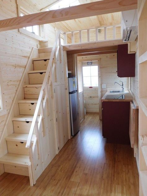 Tiny House Retirement. School teacher downsizes and finds happiness in Tiny House on a farm Tiny House Company, Tiny House Stairs, Diy Tiny House, Tiny House Interior Design, Shed To Tiny House, Tiny House Loft, Tiny House Trailer, Building A Tiny House, Tiny House Inspiration