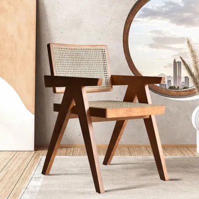 Walnut Japandi Rattan Dining Chair with Solid Wood Frame Restaurant Chairs Design, Natural Farmhouse, Natural Contemporary, Wooden Dining Chair, Caned Armchair, Retro Dining Chairs, Set Meja Makan, Rattan Dining, Rattan Dining Chairs