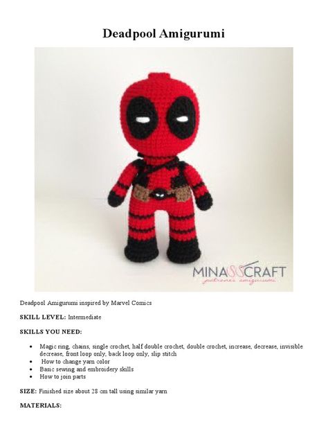 Scribd is the world's largest social reading and publishing site. Superhero Crochet Patterns Free, Deadpool Amigurumi Pattern Free, Marvel Amigurumi Free Pattern, Deadpool A Crochet Patron Gratis, Crochet Deadpool Pattern Free, Deadpool Crochet Pattern Free, Deadpool Crochet Pattern, Crochet Deadpool, Deadpool Theme