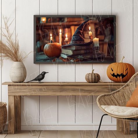 Witch's Hat and Ancient Books | Vintage Halloween Art | 4K Digital Frame TV | Spooky Candlelit Scene | Halloween Decor Vintage Halloween Art, Halloween Kunst, Halloween Frames, Tv Display, Books Vintage, Candle Glow, Ancient Books, Halloween Scene, Witchy Decor